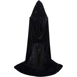 Macro view of long black velvet hooded cloak featuring premium drape and texture