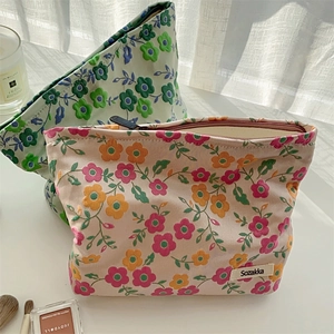 Trousse Maquillage Florale Pastorale Française Coton Toile Fermeture Éclair Pochette Rangement Cosmétique Sac Main Portable