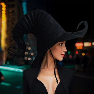 Pleated black witch hat with curved tip and chin strap for Halloween party costume