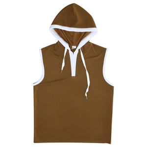 Detailed close-up of brown sleeveless hoodie with white trim and button-down collar