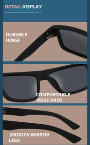 Detail display of matte black polarized sunglasses with durable hinges and comfortable nose pads