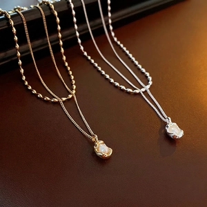 Layered Necklace French Pleated Copper Imitation Artificial Baroque Pearl Pendant Clavicle Chain Light Luxury Retro Style For Women