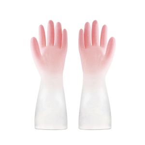 Pink gradient household cleaning gloves with anti-slip texture on white background