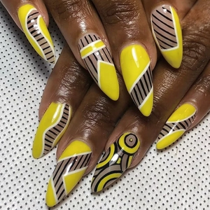 Almond Press On Nails Yellow Geometric Line Abstract Pattern Glossy Long Stiletto False Nails Artistic Style For Women