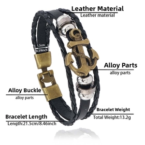 Detailed view of multilayer leather bracelet with bronze anchor and product measurements