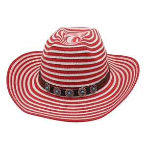 Red and white striped straw jazz hat with turquoise leather band on white background