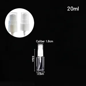 20ml transparent PET spray bottle dimensions showing dual white pump options and measurements