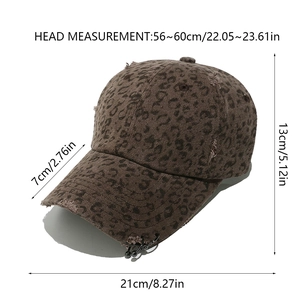 Size guide for leopard print baseball cap with metal rings and distressed details