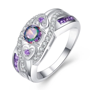 Elegant heart-shaped amethyst ring with rainbow zircon and silver-plated band