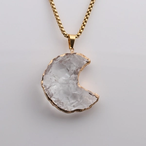 Minimalist moon-shaped crystal pendant necklace with gold foil edges and box chain