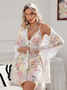 Detailed lace trim and floral mesh pattern on a beige long sleeve nightwear set