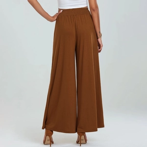Rear view of brown wide-leg trousers with high elastic waist and draped knit fabric