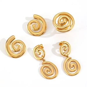 Minimalist spiral 18k gold plated stainless steel geometric earrings on white background