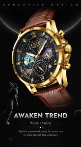 Orologio LIGE da uomo con quadrante cielo stellato nero e fasi lunari e cassa dorata