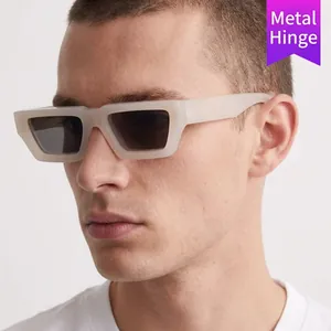 Chic off-white rectangle sunglasses with metal hinges and dark lenses for fashion look