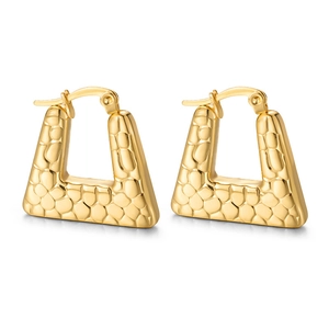 Golden trapezoid hoop earrings with embossed snake texture in minimalist style