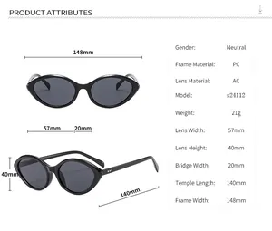Detaillierte Größentabelle für Cat-Eye-Sonnenbrillen mit Rahmen- und Linsenmaßen