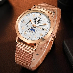 Men's rose gold multifunction quartz watch with moon phase and mesh stainless steel band