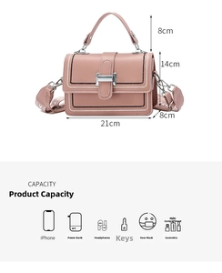 Detailed capacity diagram showing items fitting inside the pink crossbody handbag