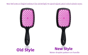 Detail view of pink honeycomb vent brush with black handle and hollow grid design