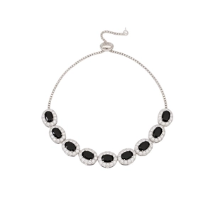 Adjustable bolo bracelet with oval black zircons and micro-pave crystals on silver chain
