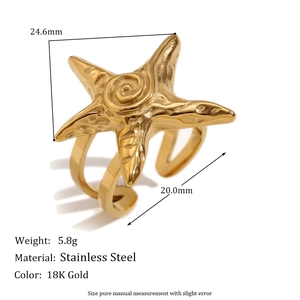 Detail view of 18K gold plated stainless steel starfish ring with precise dimensions