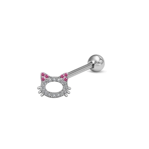 Vue détaillée d'un piercing de langue Hello Kitty en argent avec cristaux roses et blancs