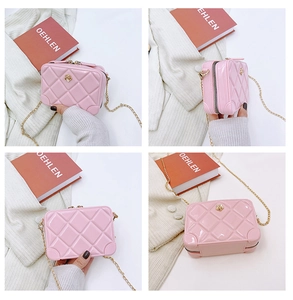 Detailed views of pink quilted jelly bag with gold flower charm and chain strap