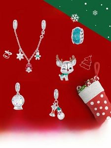 Macro detail of Christmas s925 silver charms snowman bell and snowflake for bracelet