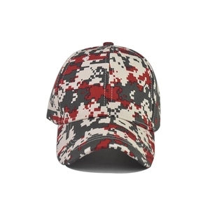 Digital camo baseball cap with red, grey and white pixel pattern in a 6-panel design