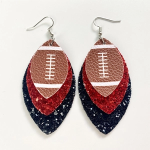 Three-layer football leather earrings with red and black glitter accents on silver hooks