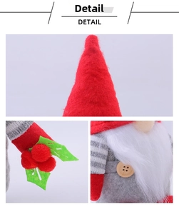 Detail of Christmas gnome showing red felt hat, wooden button and soft faux fur beard texture