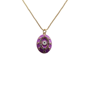Gold plated evil eye necklace with purple enamel pendant and multicolor crystals