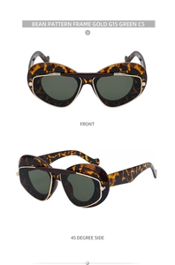 Detailed views of leopard cat eye sunglasses with gold accents and G15 green lenses