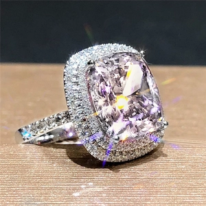 Elegant square pink zirconia halo ring with double pavé setting for women's wedding