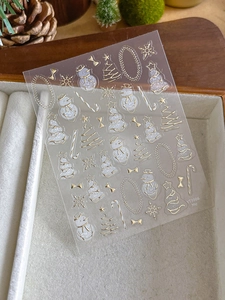 Detail view of gold embossed Christmas nail stickers with snowman and tree patterns