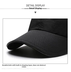 Detail of black breathable mesh fabric and sturdy shaped brim of outdoor baseball cap