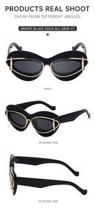 Three angles of cat eye sunglasses with black frame, gold trim, and grey lenses