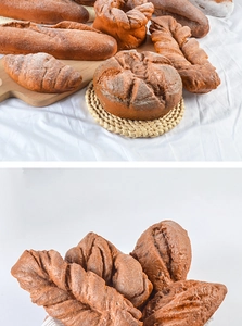 Close-up of realistic faux dark rye bread assortment with detailed crust texture