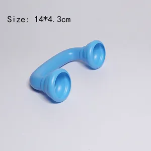 Close-up of blue U-shaped toy handset with 14x4.3cm dimensions on gray background