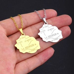 Gold and silver Reunion Island map pendant necklace in polished stainless steel