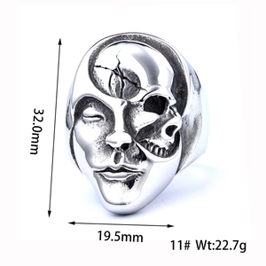 Gothic stainless steel yin yang skull face ring in antique silver with size measurements