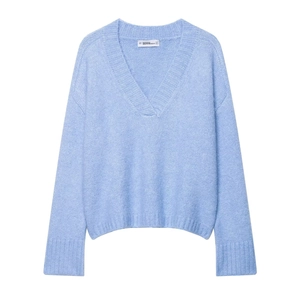 Light blue V-neck knitted sweater with long sleeves and ribbed trims in a relaxed fit
