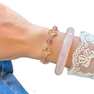 Bracelet trèfle à quatre feuilles en cristal élégant et jonc en quartz rose pour femme