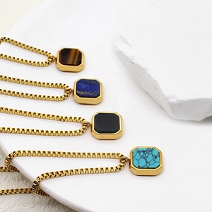 Lapis and tiger eye square stone pendants on golden titanium steel box chain necklaces