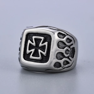 Vintage silver stainless steel cross ring with side flame engraving in punk style