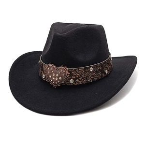 Black western felt cowboy hat with heart-shaped rhinestone leather belt buckle