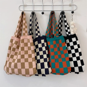 Knit Tote Bag Women Checkerboard Pattern Shoulder Handbag Large Capacity Casual Retro Crochet Soft Yarn Aesthetic