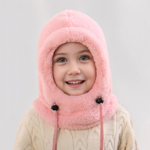 Detail of pink fleece winter hat with ear flaps and adjustable drawstring for children