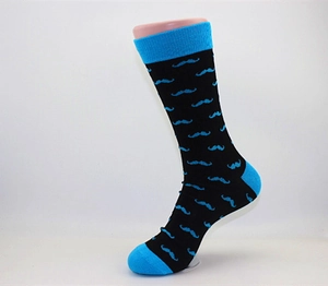 Detail of cotton crew sock with blue mustache pattern and vibrant blue contrast heel